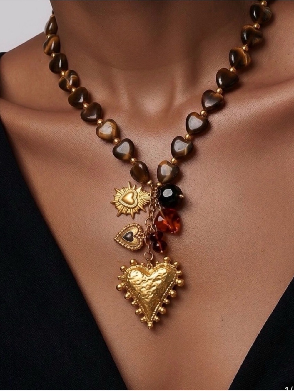 Mayamar Gold Heart Pendant Tiger Eye Necklace